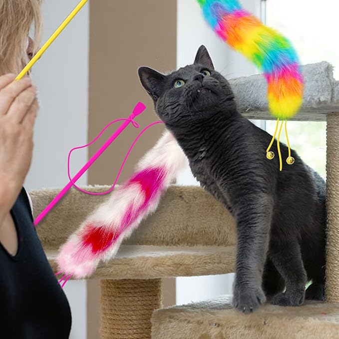 2 Pack Cat Wand Toy, Rainbow Cat Feather Toys with Bells, Teaser Wand with Soft Furry Tail, Interactive Toys for Indoor Cats & Kitten & Kitty-PurrikoPets