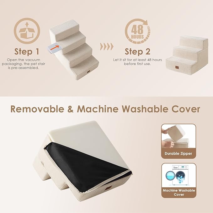EHEYCIGA Dog Stairs for Small Dogs 13.5" H, 3-Step Dog Steps for Couch Sofa and Chair, Pet Steps for Medium Cats, Non-Slip Balanced Pet Ramp Indoor, Beige-PurrikoPets