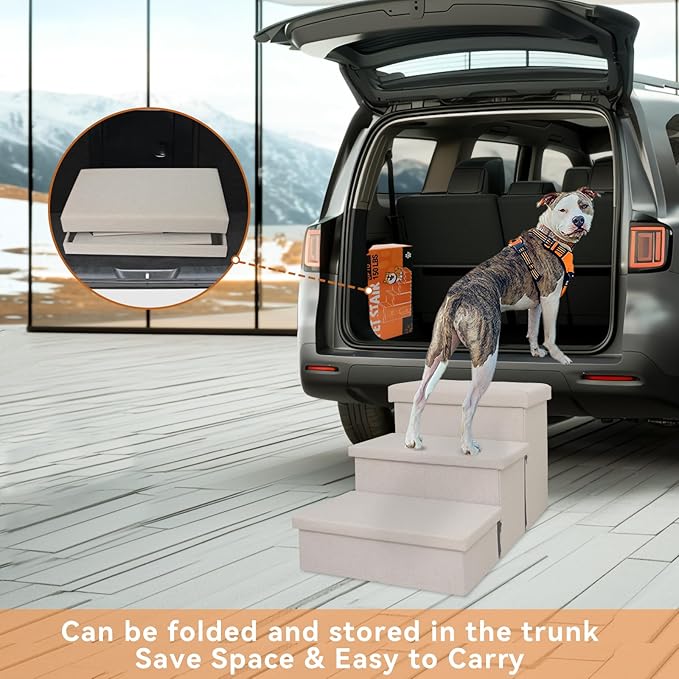 Dog Stairs with Condo 18" H, 3-Step Wider Dog Steps for High Beds Couch, Folding Storage Pet Stairs Gift for Small/Medium/Large Old Dogs Cats, Ramp for Climbing Car Up to 200 lbs, Beige-PurrikoPets