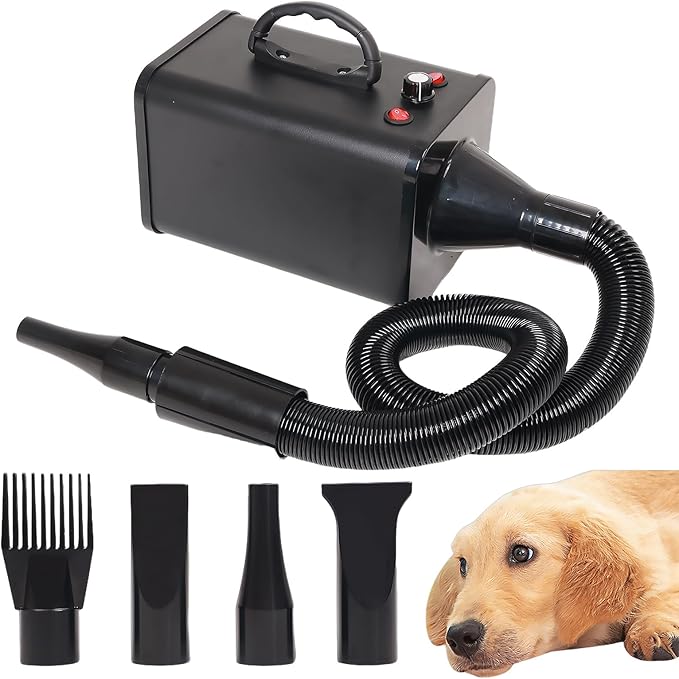 2400w 75m/s Dog Dryer for Pet Grooming, High Velocity Pet Hair Dryer with Heater, Adjustable Speed, 4 Nozzles and a Comb, Black-PurrikoPets