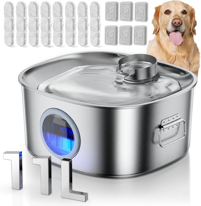 Dog Water Fountain Stainless Steel, 11L/2.8Gal Large Pet Water Fountain for Large Dogs Inside, Dog Fountain Water Bowl Automatic Dispenser with Visible Window & LED, Ultra Quiet (with 8pcs Filters)-PurrikoPets