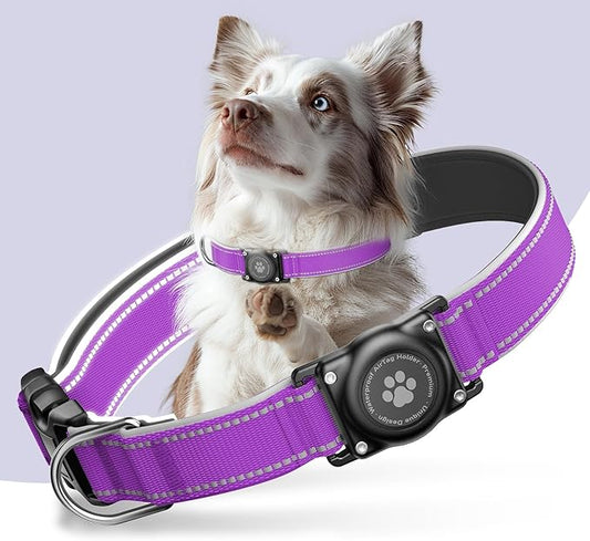 Airtag Dog Collar - 100% Waterproof Air tag Dog Collar Holder for Apple AirTag, Reflective, Soft Padded, Everlasting, GPS Dog Collar for Small Medium Large Dogs (Purple, L)-PurrikoPets