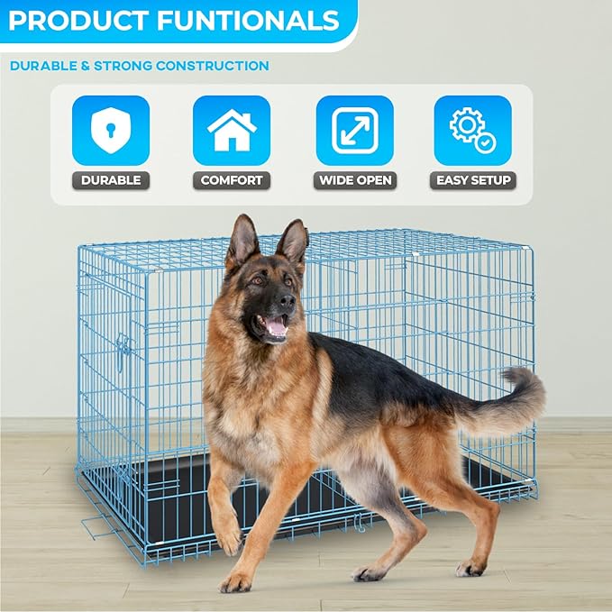 FDW Dog Crate for Large Dogs 42 Inch Folding Metal WirePet Cage Double Door W/Divider Panel Indoor Outdoor Kennel Leak-Proof Plastic Tray,Blue-PurrikoPets