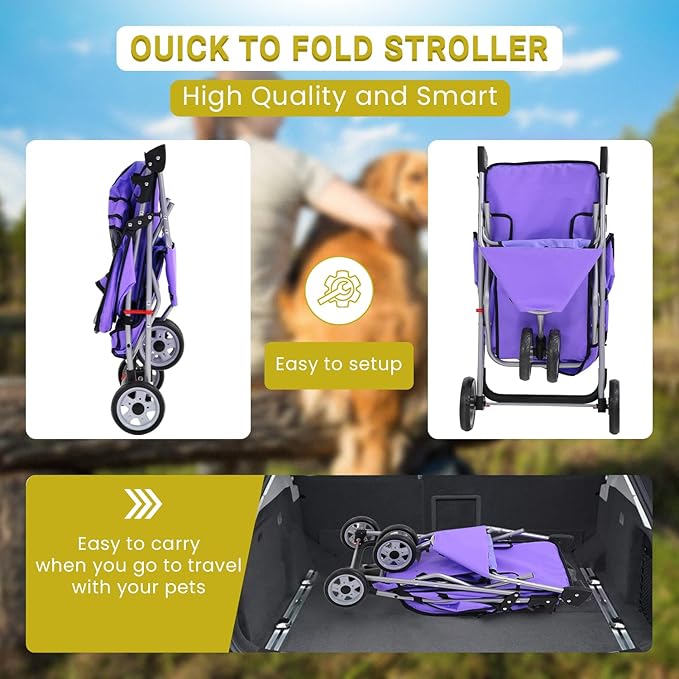 Foldable Pet Stroller,Dog Stroller with 3 Wheel,Pet Strolling Cart,Dog Travel Carrier with Storage Basket and Cup Holder for Dog Puppy,Purple-PurrikoPets