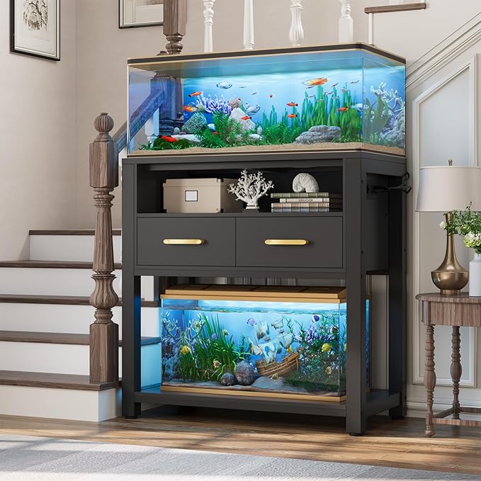 20-29 Gallon Aquarium Stand with Stable Metal Frame & Power Outlet, Heavy-Duty Fish Tank Stand with Waterproof Mat, 550LBS Capacity Storage Cabinet, Black-PurrikoPets