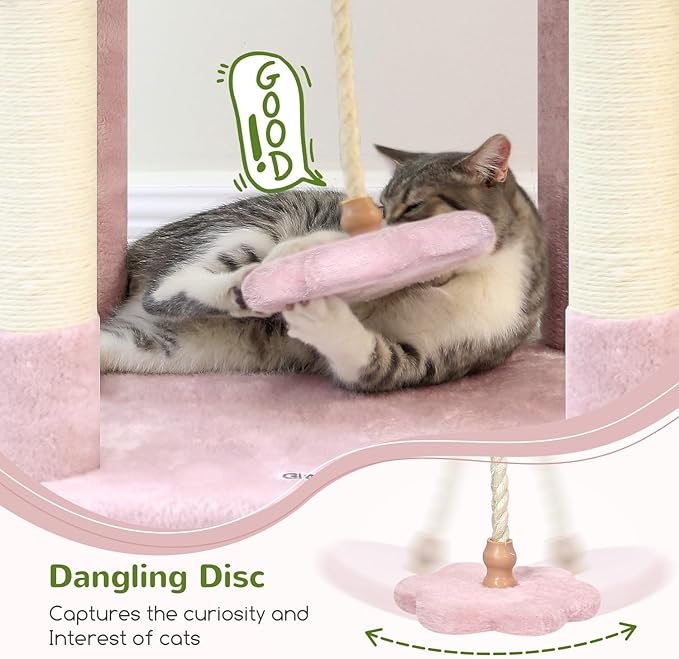 Globlazer Pink Cat Tree, 70 inch Tall Scratching Tower Multi-Level Cat Condo for Indoor Multiple Cats with 2 Large Cat Caves, Top Perch, Large Platform, Bottom Swing, F70B, Pink-PurrikoPets