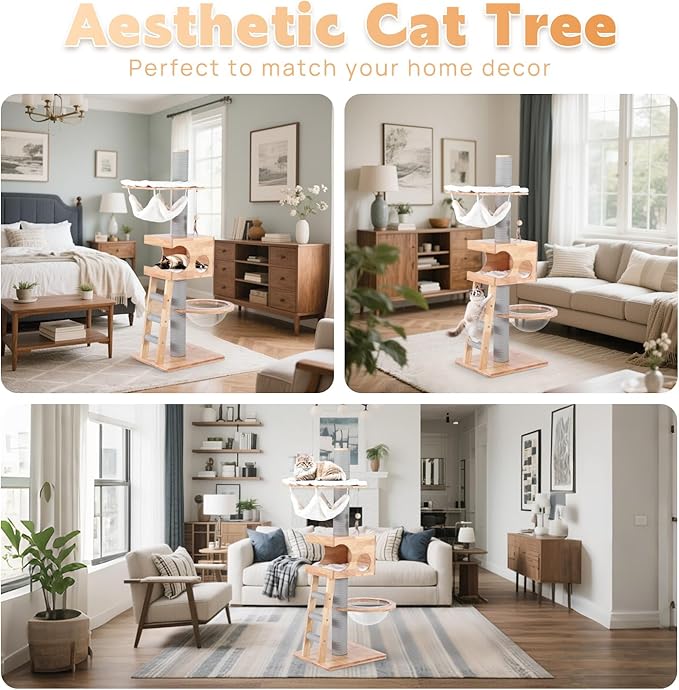 63-inch Modern Cat Tree, Luxury Cat Tower with Scratching Post, Unique Cat Condo with Hammock, Heavy Duty Kitty Climbing Tree for Indoor Cat, Wooden Kitty House for Small Medium Large Cats-PurrikoPets