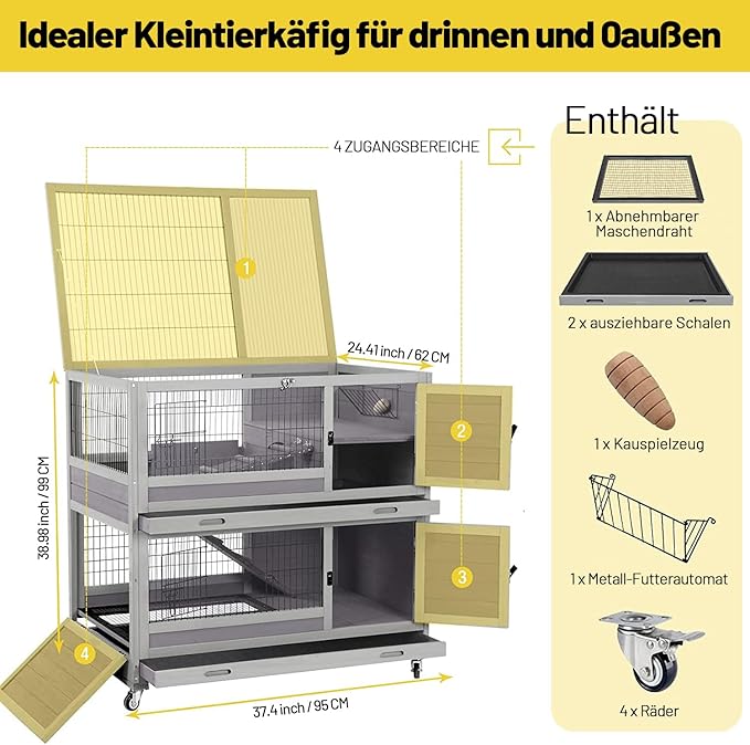 Aivituvin Rabbit Hutch Rabbit Cage Outdoor & Indoor on Wheels Bunny cage with Deep No Leak Pull Out Tray,Upgrade Version (Gray)-PurrikoPets