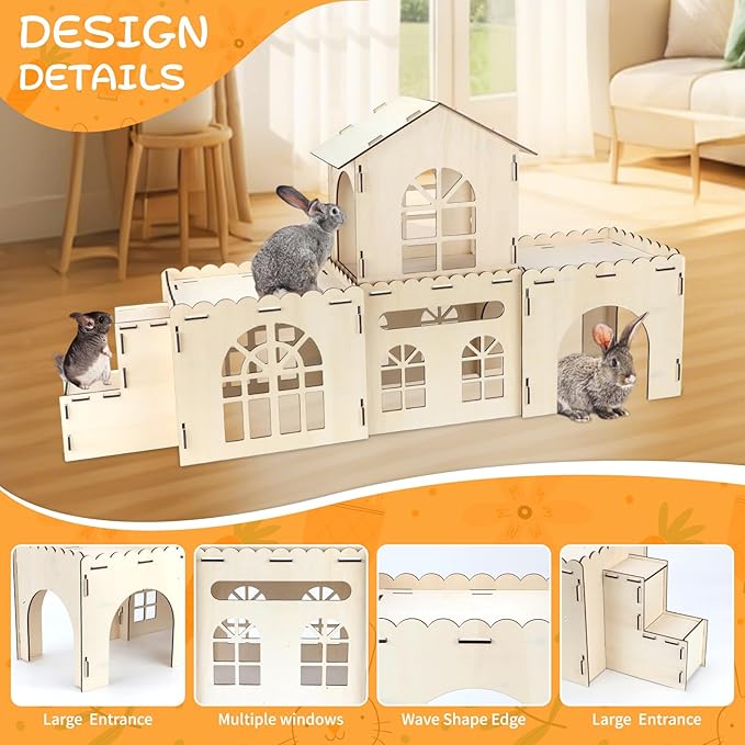 Extra Large Bunny Castle Hideout, Wooden Bunny House and Hideouts Detachable Rabbits Hideaway, Indoor Rabbit Castles Sturdy Small Animal Play Hideaway Hut for Rabbits, Guinea Pigs, Chinchillas-PurrikoPets