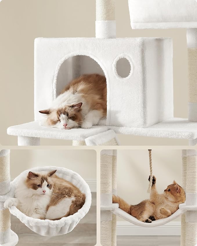 Feandrea Cat Tree, 81.1-Inch Large Cat Tower with 13 Scratching Posts, 2 Perches, 2 Caves, Basket, Hammock, Pompoms, Multi-Level Plush Cat Condo for Indoor Cats, Cream White UPCT190T01-PurrikoPets