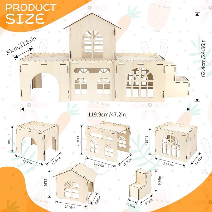 Extra Large Bunny Castle Hideout, Wooden Bunny House and Hideouts Detachable Rabbits Hideaway, Indoor Rabbit Castles Sturdy Small Animal Play Hideaway Hut for Rabbits, Guinea Pigs, Chinchillas-PurrikoPets