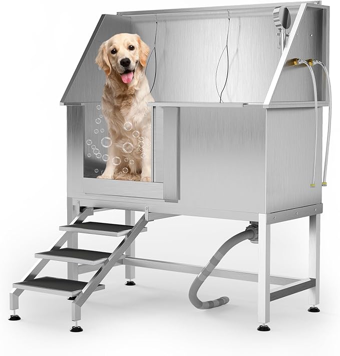50" Stainless Steel Professional Dog Washing Station - Pet Bathing Tub w/Non-Slip Stairs | Slip-Resistant Floor Grate | for Large/Medium/Small Dogs-PurrikoPets