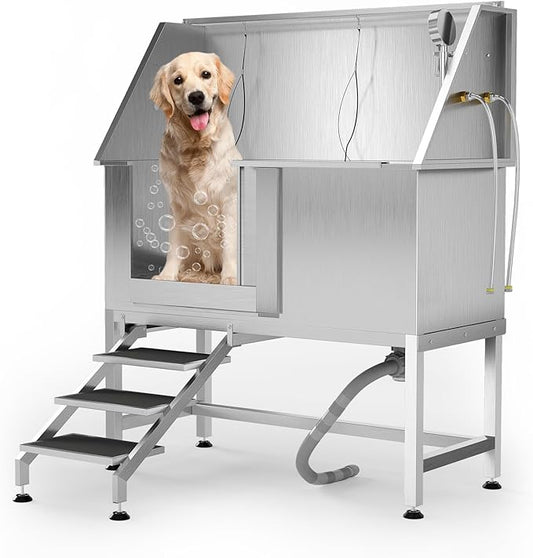 50" Stainless Steel Professional Dog Washing Station - Pet Bathing Tub w/Non-Slip Stairs | Slip-Resistant Floor Grate | for Large/Medium/Small Dogs-PurrikoPets