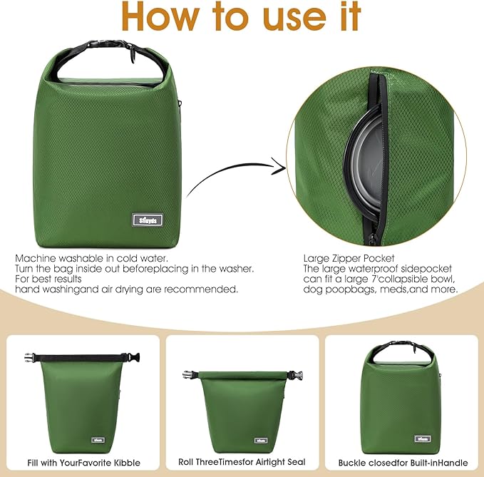 Dog Food Travel Bag,Pet Food Container 20 lb w/2PCS Collapsible Dog Travel Bowls and Zipper Side Pocket(Green, Large)-PurrikoPets