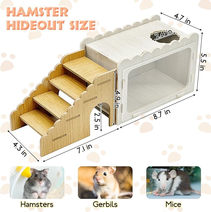 Fhiny Hamster Hideout Wooden Chamber with Climbing Ladder, Visible Hamster Digging Box with Acrylic Transparent Board Gerbil Platform Exploring House Habitat Decor for Dwarf Hamsters Gerbils Mice-PurrikoPets