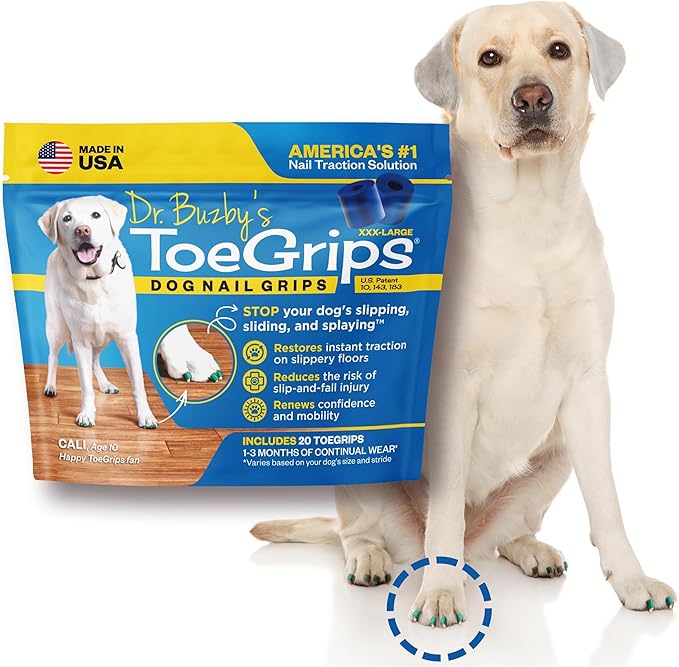 Dr Buzby's XXXLarge ToeGrips for Dogs - Instant Traction on Wood/Hardwood Floors - Anti Slip Relief - Grippers for Senior Dogs - Stop Sliding Instantly - Rubber Nails for Paws - 1 Pack (20 Grips)-PurrikoPets