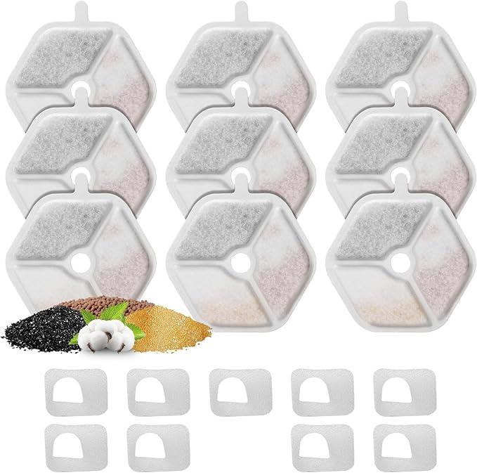 9 Packs Replacement Filters and Sponges for 152oz/4.5L Wireless Cat Water Fountain, ZEKIRY Cat Water Fountain Filters, 5-Layer Filtration System Pet Fountain Filters-PurrikoPets