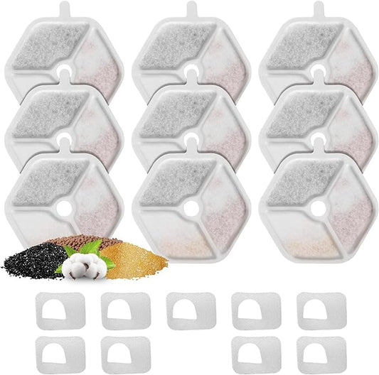 9 Packs Replacement Filters and Sponges for 152oz/4.5L Wireless Cat Water Fountain, ZEKIRY Cat Water Fountain Filters, 5-Layer Filtration System Pet Fountain Filters-PurrikoPets
