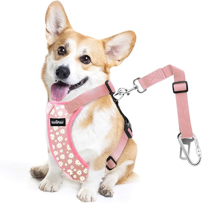 Dog Seat Belt, Safety Vest Dog Car Harness with Adjustable Buckle Dog Seat Belt for Vehicle Nylon Pet Safety Seat Belts Heavy Duty(S, Pink Daisy)-PurrikoPets