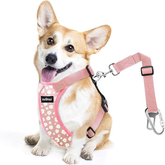 Dog Seat Belt, Safety Vest Dog Car Harness with Adjustable Buckle Dog Seat Belt for Vehicle Nylon Pet Safety Seat Belts Heavy Duty(M, Pink Daisy)-PurrikoPets