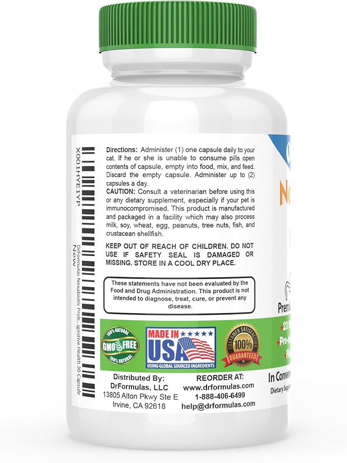 DrFormulas Nexabiotic Probiotics for Cats Powder | Treats Diarrhea for Pets with Saccharomyces Boulardii Lactobacillus Acidophilus, Best Probiotics Supplement for Digestive Health 30 Capsule-PurrikoPets