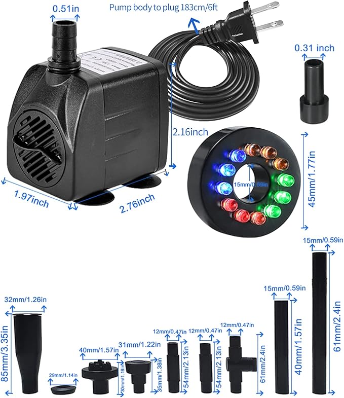15W 1000L/H Submersible Fountain Water Pump with 12 Colorful LED Lights, Mushroom and Blossom Spray Head for Fountain,Pond,Outdoor Water Feature, Statuary Gardens,Aquarium Fish Tank-PurrikoPets