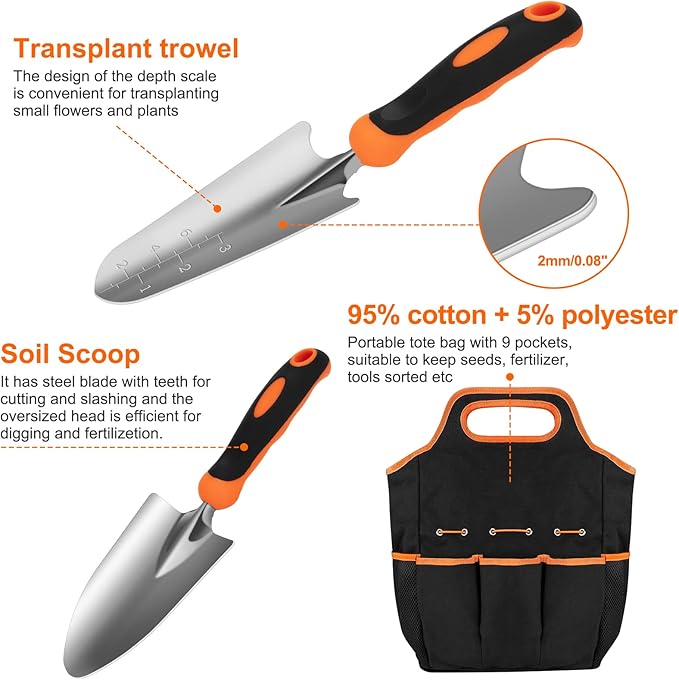 Gardening Tool Set, CHRYZTAL Stainless Steel Heavy Duty Gardening Tool Set, with Non-Slip Rubber Grip, Storage Tote Bag, Outdoor Hand Tools, Ideal Gardening Gifts for Women-PurrikoPets