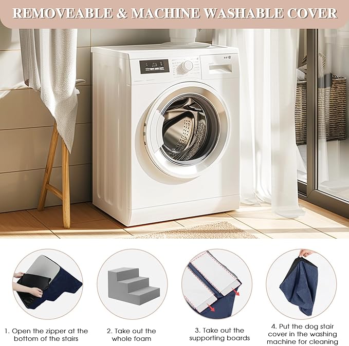 GGIB Dog Stairs for Small Dogs and Cats - Non-Slip Steps for High Bed, Sofa, Couch - Pet Ramp with Removable Washable Cover, Navy, 22" H, 5-Step-PurrikoPets