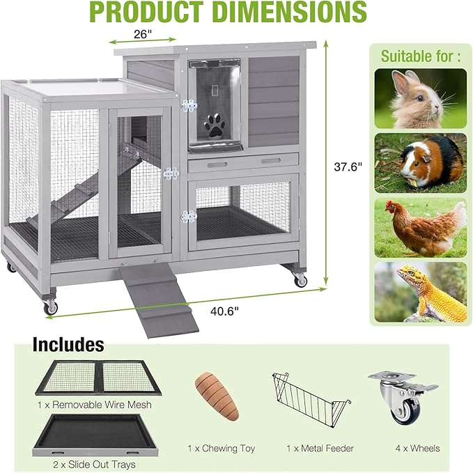 2-Story Rabbit Hutch Indoor Bunny Cage Outdoor Guinea Pig House with Wire Mesh Floor, Leak-Proof Trays, Lockable Wheels for Rabbits, Guinea Pigs, 40.6" L x 26" W x 37.6" H-PurrikoPets