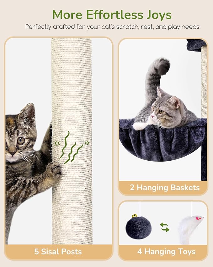 Globlazer Heavy Duty Cat Tree Tower, 73in Tall Cat Tree for Indoor Cats Large Adult, Cat Condo for Large Cats with 5 Scratching Posts, 2 Cat Caves, 2 Padded Perches, 2 Hanging Baskets, F73, Dark Gray-PurrikoPets