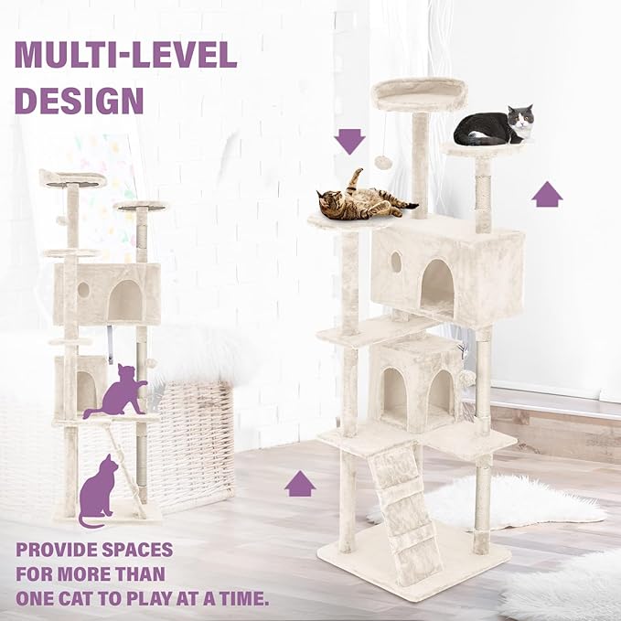 70 Inches Cat Tower for Indoor Cats Multi-Level Cat Condos XL Cat Tree Climbing Tower with Scratching Posts, Hanging Toys, Beige-PurrikoPets