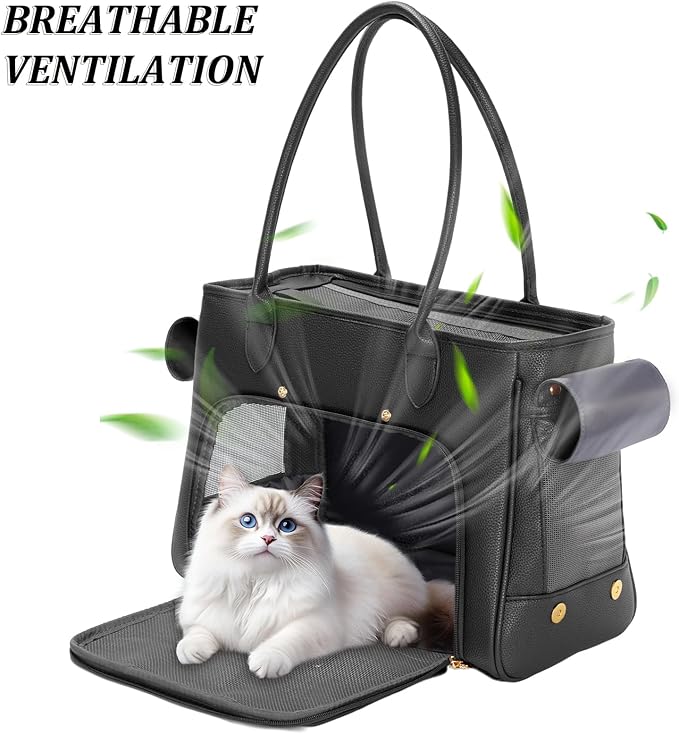 Fashion Pet Carrier Purse for Small Cat and Dog, Luxury Pu Soft-Sided Tote Bag with Large Pockets for Dogs and Puppies (Black, 15.8" L x 7.5" W x 11.8" H)-PurrikoPets