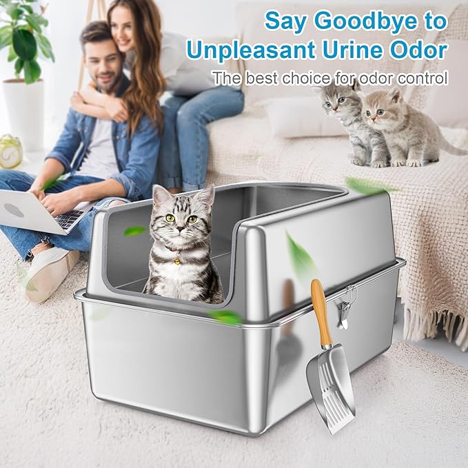 14'' High Sides XXL All Stainless Steel Cat Litter Box with Lid,XL Deep Metal Litter Box for Big Cats,Extra Large Litter Boxes with High Wall Enclosure,Anti-Leakage,Never Absorbs Odors,Non-Sticky-PurrikoPets