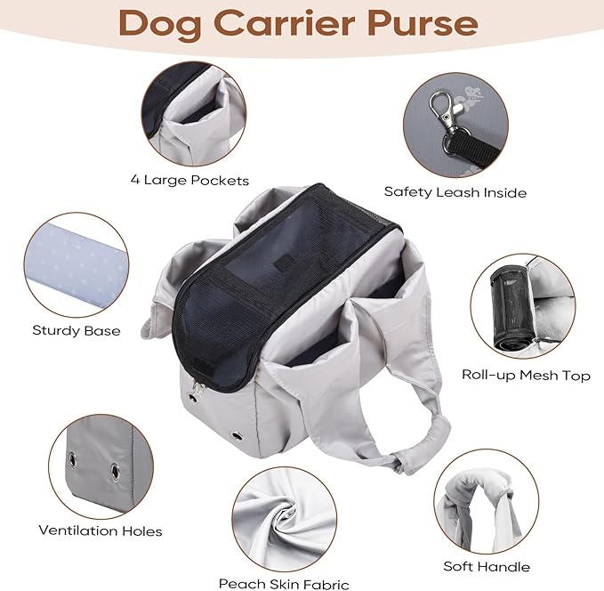 Dog Purse Carrier for Small Dogs, Cats, and Puppies – Soft-Sided Travel Pet Tote Bag with 4 Large Pockets, Foldable, Lightweight, Fits Pets up to 15 lbs, for Travel, Outings (Grey)-PurrikoPets
