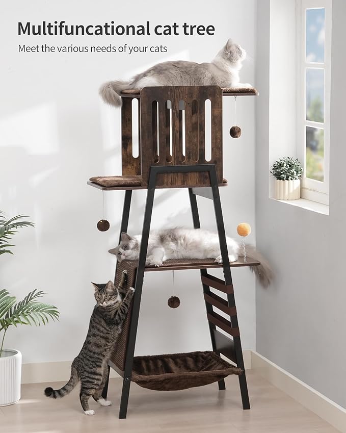 FourFurPets Modern Cat Tree, 58-Inch Cat Tower for Large Cats, Maine Coon Cat Tree with Scratching Board, Large Perch, Hammock and Removable Pads, Rustic Brown-PurrikoPets