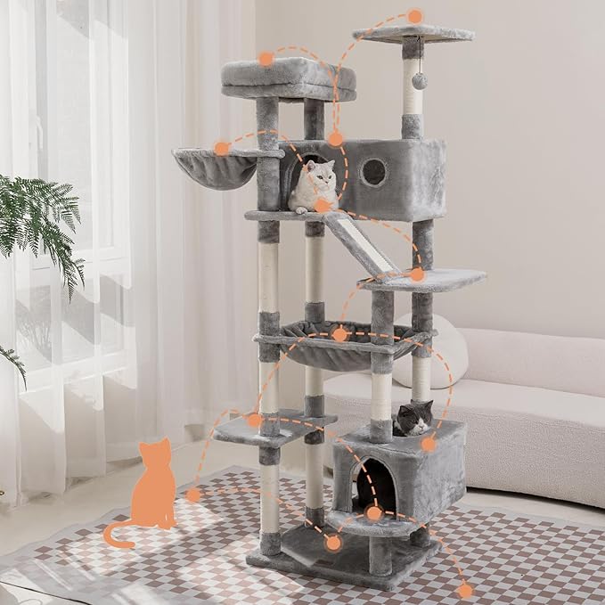 73 inches Large Cat Tree for Indoor Cats, Tall Cat Tower with Sisal Scratching Posts and Pads, Padded Plush Perch, Cozy Basket, Plush Condo for Large Cats (Grey)-PurrikoPets