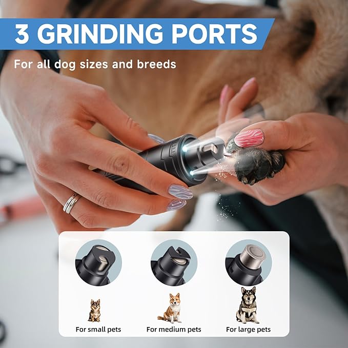 Dog Nail Grinder Quiet 2-Speed Pet Nail Grinder with 3 Led Lights and 3 Ports Rechargeable Electric Dog Nail Trimmer for Large and Small Dogs/Cats and Small Animals Safe (Black)-PurrikoPets