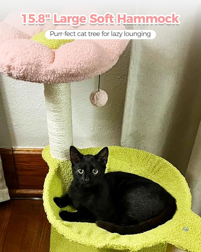 Flower Cat Tree, 28" Cat Tower with Cozy Flower Perch, Large Hammock for Indoor Small Cats, Cute Cat Tree with Sisal Scratching Post and Fur Toy Ball for Kittens, Pink-PurrikoPets
