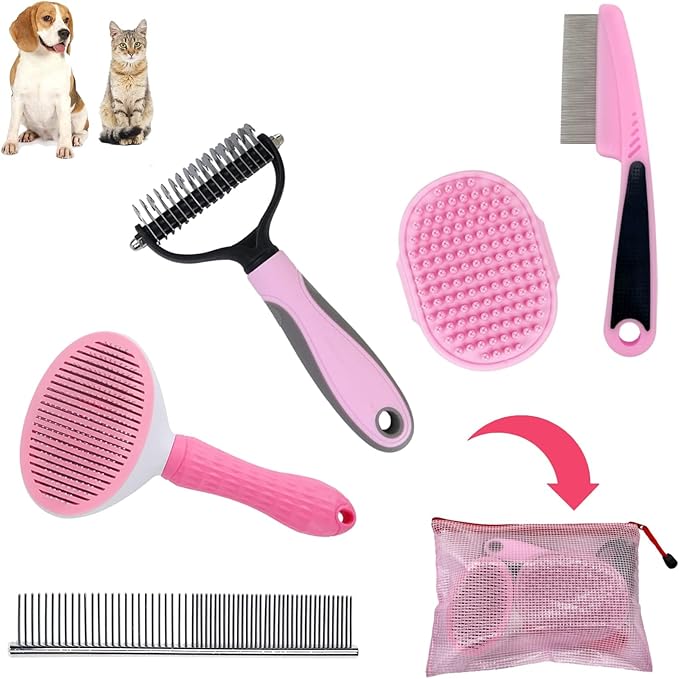 Dog Grooming Kit - Deshedding Brush for Short Hair, Slicker Brush, Flea Comb, Puppy Brush Set in Pink-PurrikoPets