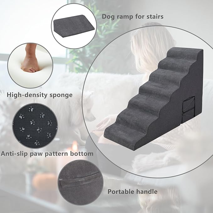 Dog Stairs for High Beds 30-36 inches Tall, 7-Step Pet Stairs/Steps for Small Large Dogs, 30D Foam Pet Steps/Ramp/Ladder for High Bedsides, with 4pcs Dog Ramp for Stairs, Dark Grey-PurrikoPets