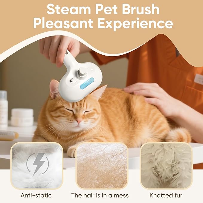3-in-1 Cat Steam Brush – Pet Grooming & Shedding Comb with Gentle Steam Spray, One-Click Hair Release, for Long & Short Hair Cats & Dogs (White)-PurrikoPets