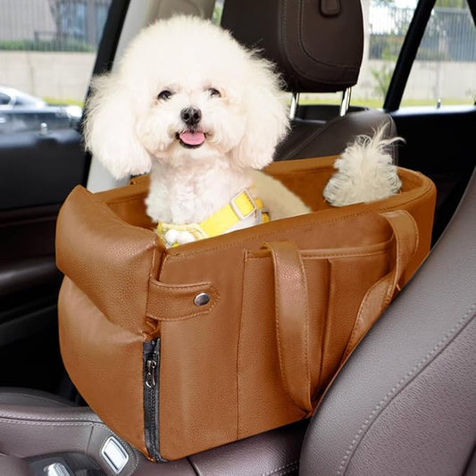 2 and 1 Center Console Dog Car Seat & Carrier for Small Dogs, Large Leather Dog Car Bed with Storage Pocket, Waterproof PVC Leather Seat Travel Bed for Front & Back Seat, Clip-On Safety Leash-PurrikoPets