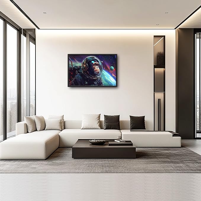 Framed Large Monkey Astronaut Wall Art, Oversized Chimpanzee Spacemen Wall Decor for Living Room, Outer Space Canvas Painting Pictures Modern Artwork for Living Room Bedroom Office 36"x24"-PurrikoPets