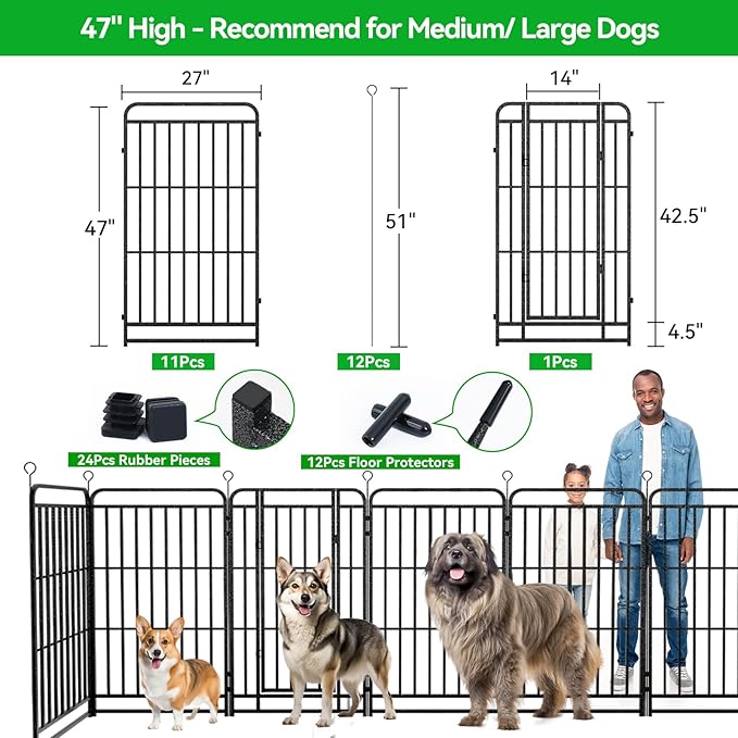 Dog Playpen Outdoor 12 Panels Heavy Duty Dog Fence 47" Height with Thick Pipe Anti-Rust with Doors Portable for RV Camping Yard, Total 27FT, 57 Sq.ft, Snowy Black-PurrikoPets
