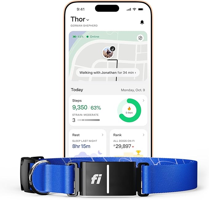 Fi New Series 3+ Smart Dog Tracker Collar – AI GPS for Dogs, Health & Behavior Monitor, Virtual Fence, Escape Alerts, Waterproof, Apple Watch Compatible 12Mo Membership Included-PurrikoPets