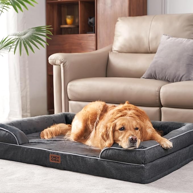 EHEYCIGA Orthopedic Dog Beds for Large Dogs, Waterproof Memory Foam Large Pet Bed with Sides, Non-Slip Bottom and Egg-Crate Foam Dog Couch Bed with Washable Removable Cover, Dark Grey-PurrikoPets