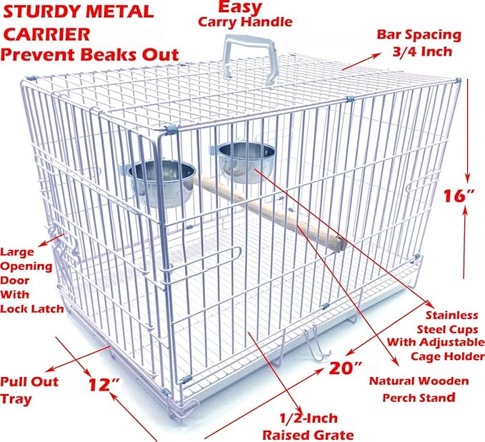 Durable Easy Portable Metal Travel or Veterinary Collapsable Parrot Bird Carrier Beaks Proof Cage with Stainless Steel Feeder Bowls Natural Wooden Perch Stand-PurrikoPets