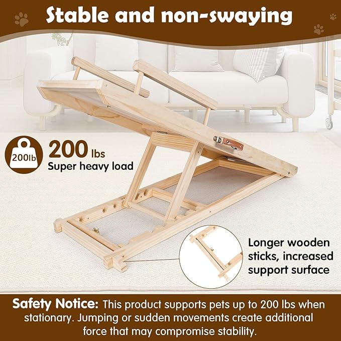 Dog Ramp for Couch, Bed or Car, Wooden 44" Long Pet Stairs for Small & Large Old Dogs & Cats, Hold up to 200lb, 5 Adjustable Height from 14.96" to 22", Portable Doggie Steps, Excellent Traction-PurrikoPets