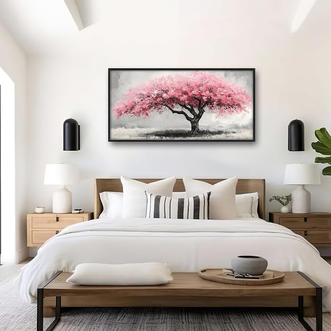 Extra Large Framed Pink Tree Wall Art,Abstract Tree of Life Wall Decor,Pink and Grey Pictures for Living Room,Canvas Print Painting Modern Artwork Bedroom Office Bathroom Home Decor 60L x30W-PurrikoPets