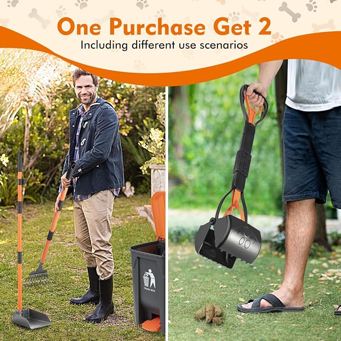 28" Pooper Scooper and 38" Heavy Duty Stainless Steel Rake & Tray Set, 3 in 1 Portable Dog Pooper Scooper Set for Large Medium Small Dogs in Grass, Dirt or Gravel-PurrikoPets